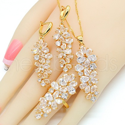 Leaf Brass Cubic Zirconia Pendant Necklace & Hoop Earring & Rings Sets FS-WG53533-07-1