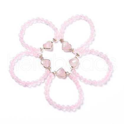 Natural Rose Quartz Stretch Heart Link Bracelets BJEW-P265-01D-1