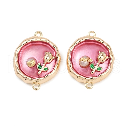 Brass Enamel & Natural Pearl Flat Round with Flower Connector Charms KK-K351-50G-01-1
