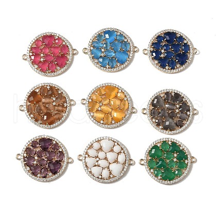 Brass Micro Pave Clear Cubic Zirconia and Glass Flat Round Connector Charms KK-I276-33G-1