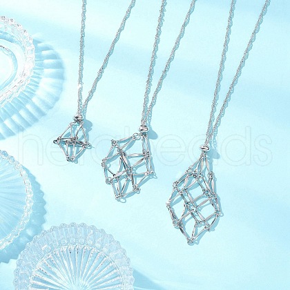 3Pcs 3 Styles 304 Stainless Steel Empty Macrame Pouch Pendant Singapore Chain Necklaces NJEW-JN05284-1