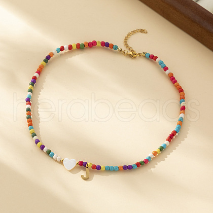 Heart Natural Shell & Colorful Glass Seed Round Beaded Necklaces FS-WGE10D5-10-1