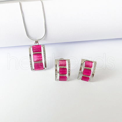 Rectangle Alloy & Cat Eye & Crystal Rhinestone Pendant Necklace & Stud Earring Sets FS-WG998B2-03-1