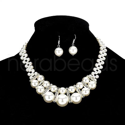 Alloy & Crystal Rhinestone & Plastic Pearl Round Beaded Necklace & Dangle Earring FS-WG9A175-01-1