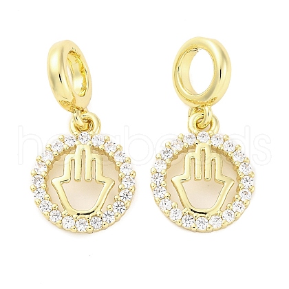 Brass Micro Pave Cubic Zirconia Ring with Hamsa Hand European Dangle Charms KK-D325-08G-1