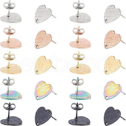Unicraftale 30Pcs 5 Colors Heart Shape with Textured PVD Vacuum Plating 304 Stainless Steel Stud Earring Findings EJEW-UN0001-62-1