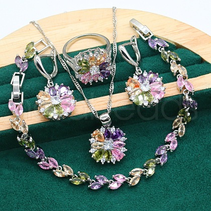 Flower Brass Pave Cubic Zirconia Pendant Necklaces & Earring & Ring & Link Bracelets Sets for Women FS-WG38B31-01-1