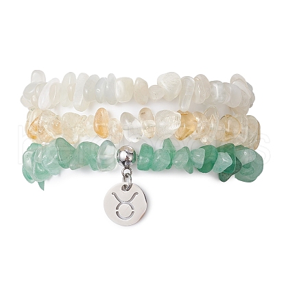 3Pcs 3 Styles Natural White Moonstone & Citrine & Green Aventurine Chips Stretch Bracelets Sets BJEW-JB11076-04-1