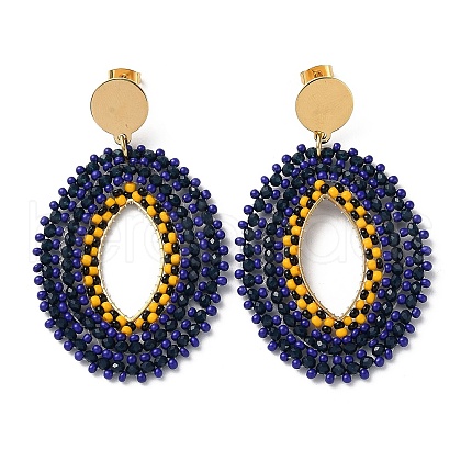 Woven Glass Beaded Oval Dangle Stud Earrings EJEW-A105-06G-1