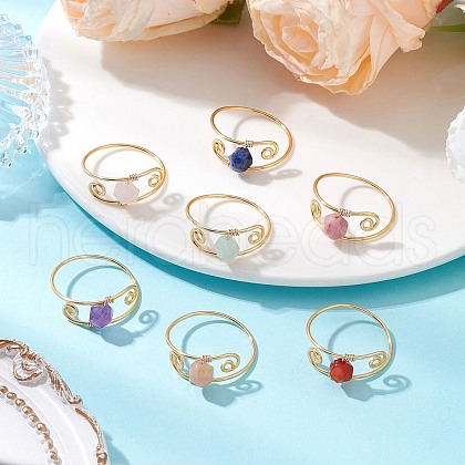 7Pcs Copper Wire Wrapped Gemstone Star Cut Round Bead Finger Rings for Women RJEW-JR00891-01-1