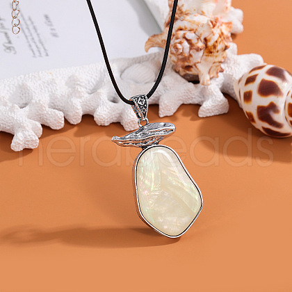 Alloy Pave Natural Shell Nuggets Pendant Waxed Cord Necklaces for Women FS-WG4C67D-01-1