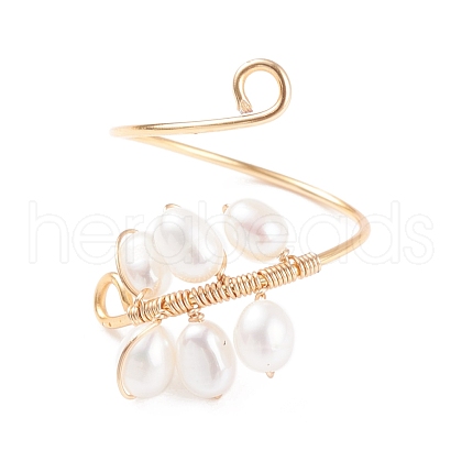 Copper Wire Wrapped Natural Cultured Freshwater Pearl Cuff Rings for Women RJEW-JR00438-1