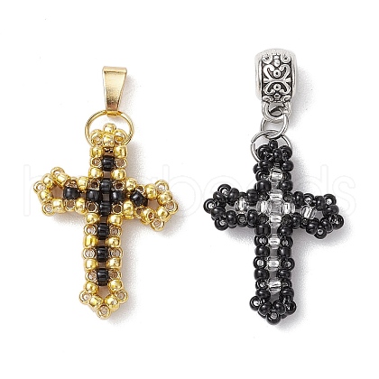 2Pcs 2 Styles 3D Glass Seed Beaded Cross Charms PALLOY-MZ00576-1