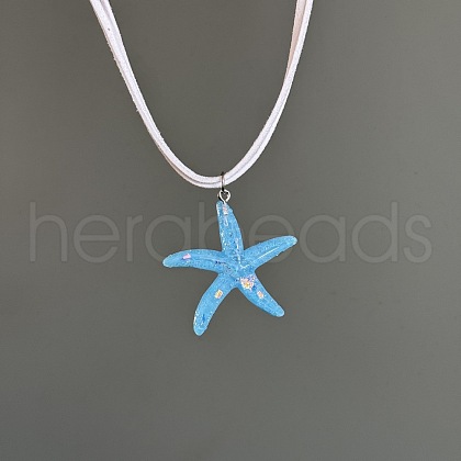Bohemian Resin Starfish Pendant Double Strands White Imitation Leather Cord Necklaces for Beach FS-WG78CDF-02-1