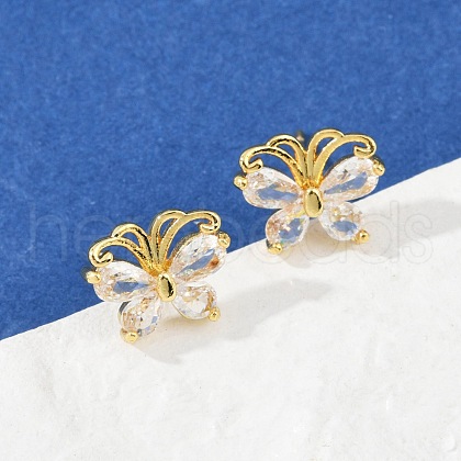 Butterfly Brass Micro Pave Clear Cubic Zirconia Stud Earrings EJEW-U064-01G-1