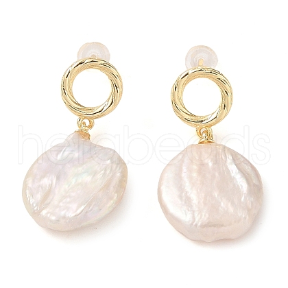 Mother's Day Jewellery Flat Round Natural Pearl Dangle Earrings EJEW-L286-09G-1