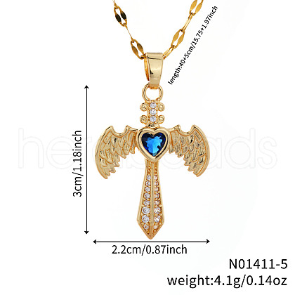 Retro Hip Hop Style Brass Full Rhinestone Heart Wing Sword Pendant Necklaces for Women IJ2885-5-1
