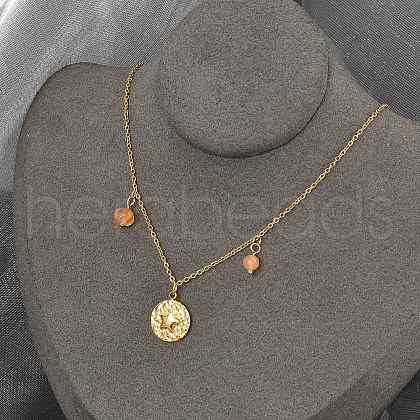 304 Stainless Steel & Glass Flat Round with Star Pendant Necklaces for Women NJEW-Z055-06G-1