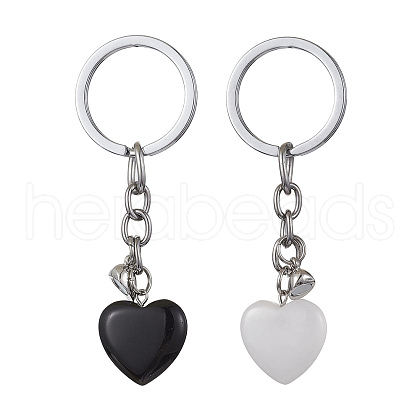 Natural Black Stone & Natural White Jade Heart Keychains KEYC-JKC00548-1