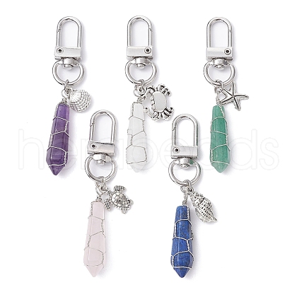 5Pcs 5 Styles Wire Wrapped Bullet Naturl Gemstone Pendant Decoraiton HJEW-JM01391-S-1