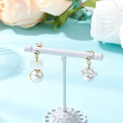 Cat Shape & Paw Print Brass Natural White Shell Dangle Stud Earrings EJEW-TA00644-1