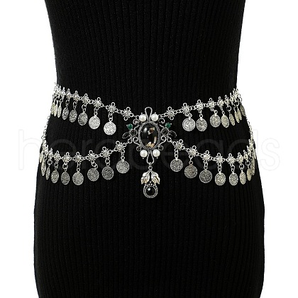 Alloy & Rhinestone & Plastic Pearl Double Layer Coin Tassel Waist Belly Chains for Dancer FS-WG8EEAF-06-1