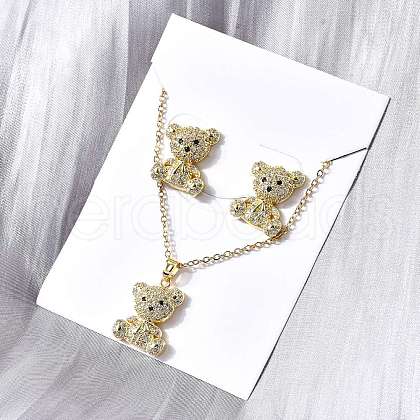 Bear Brass Micro Pave Cubic Zirconia Stud Earrings & Pendant Necklaces Sets SJEW-Z002-01G-1