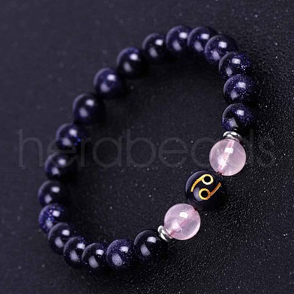 Cancer Round Synthetic Blue Goldstone & Natural Rose Quartz Stretch Bracelets for Women Men EA3132-6-1