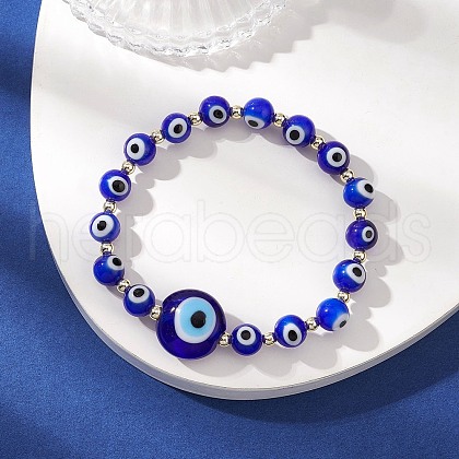 Handmade Evil Eye Lampwork Round Beads Stretch Bracelets for Men Women BJEW-JB11986-1