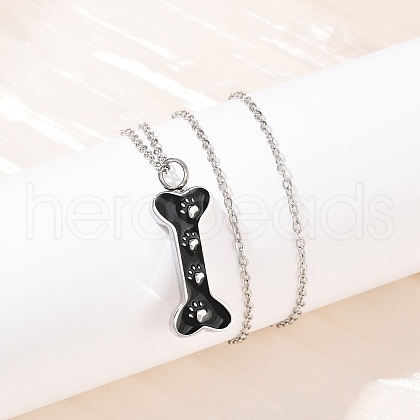 304 Stainless Steel Black Enamel Paw Print Bone Pendant Pet Urn Ashes Necklaces NJEW-S455-06P-1