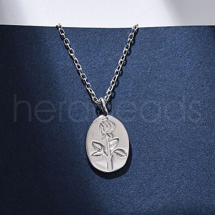 925 Sterling Silver Oval with Engraved Rose Flower Pendant Necklaces for Women NJEW-D316-03P-1