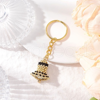 Glass Pearl Round Bead with Fishing Thread Nylon Wire and 304 Stainless Steel Eye Pins and 304 Stainless Steel Beads and Grade A Round Glass Seed Beads and Iron Split Key Rings Keychains KEYC-MZ00042-1