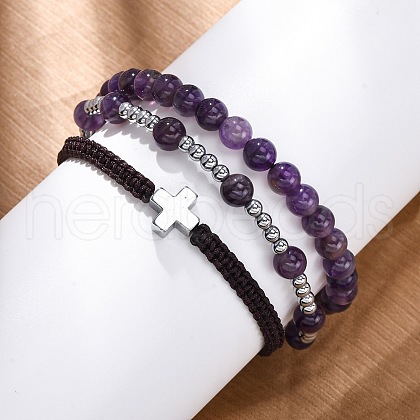 Adjustable Natural Amethyst & Hematite Braided Bead Bracelets BJEW-U035-01C-1