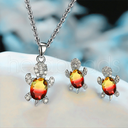 Tortoise Alloy Rhinestone & Glass Pendant Necklaces & Stud Earrings Sets FS-WG4B54D-07-1