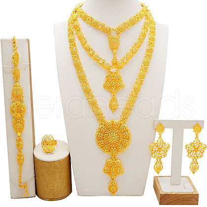Flower Alloy Multilayer Necklace & Stud Dangle Earring & Chain Bracelet & Rings Sets FS-WGF7DE4-01-1