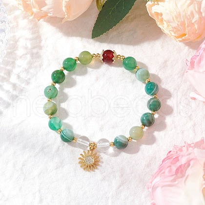 Natural Striped Agate & Quartz Crystal Round Beaded Bracelets BJEW-JB11934-01-1