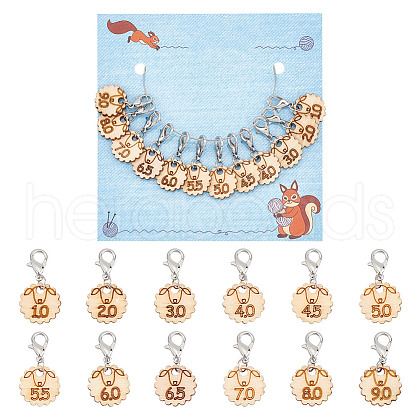 12Pcs 12 Style Sheep with Number Wood Pendant Locking Stitch Markers HJEW-AB00642-1