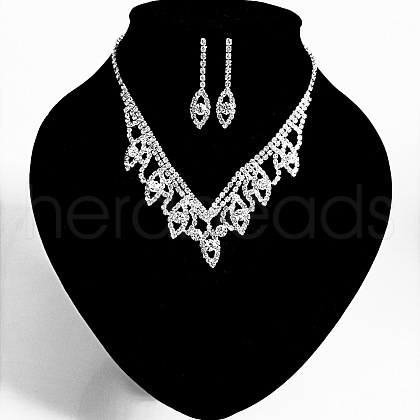 Leaf Brass Pave Clear Cubic Zirconia & Rhinestone Pendant Necklaces & Stud Earrings Sets FS-WG35E42-01-1