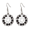 Natural Obsidian Flat Round with Star Pattern Dangle Earrings EJEW-JE06080-1