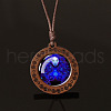 Flat Round with Twelve Constellations Blue Glass & Wood Pendant Waxed Leather Cord Necklace for Women Men WG486C3-06-1