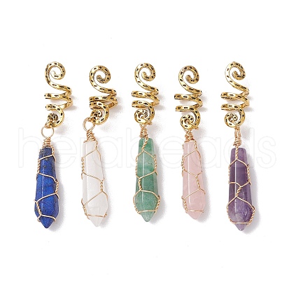 Wire Wrapped Natural Rose Quartz & Green Aventurine & Amethyst & Quartz Crystal & Lapis Lazuli & Alloy Braiding Hair Pendants Decoration Clips OHAR-JH00041-1