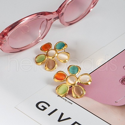 304 Stainless Steel Cat Eye Stone Stud Earrings EJEW-Z101-01G-1