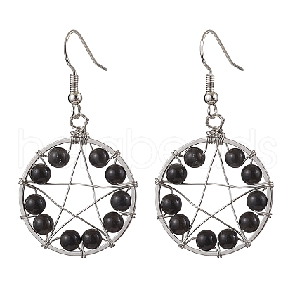 Natural Obsidian Flat Round with Star Pattern Dangle Earrings EJEW-JE06080-1
