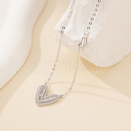 925 Sterling Silver Clear Cubic Zirconia Heart Pendant Cable Chain Necklaces for Women FS-WG5B033-01-1