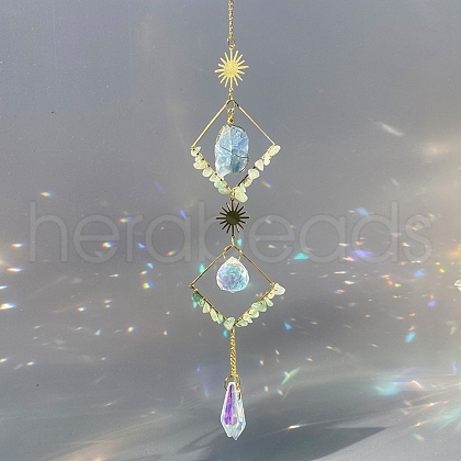 Wire Wrapped Nuggets Natural Green Aventurine & Metal Rhombus Hanging Ornaments PW-WGF74B3-03-1