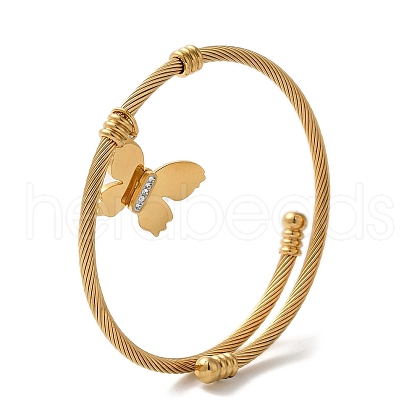 Stainless Steel Crystal Rhinestone Twisted Open Cuff Butterfly Charm Bangles for Women BJEW-G719-20G-1