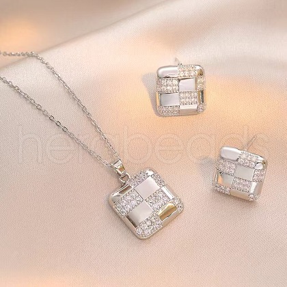 Square 304 Stainless Steel Crystal Rhinestone Pendant Necklaces & Stud Earrings Sets FS-WGB49B1-01-1