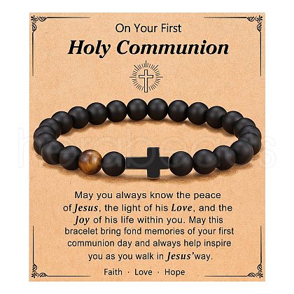 Cross Natural Tiger Eye & Frosted Black Obsidian Round Beads Stretch Bracelets for Men Women WG92FBF-01-1