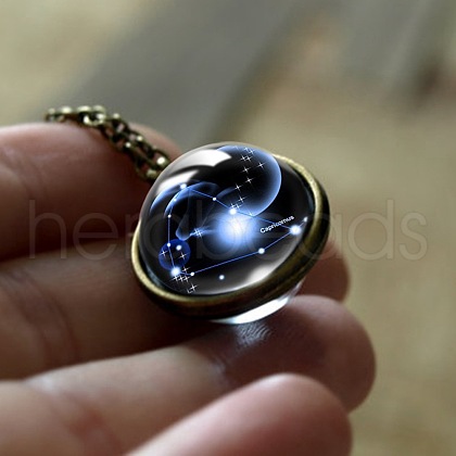 Double Glass Round with Constellation Pendant Alloy Chain Necklaces WG188F6-06-1