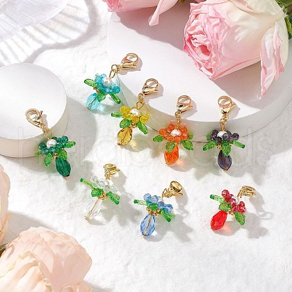 Glass & Acrylic & Shell Pearl Flower Pendant Decorations HJEW-MZ00209-1